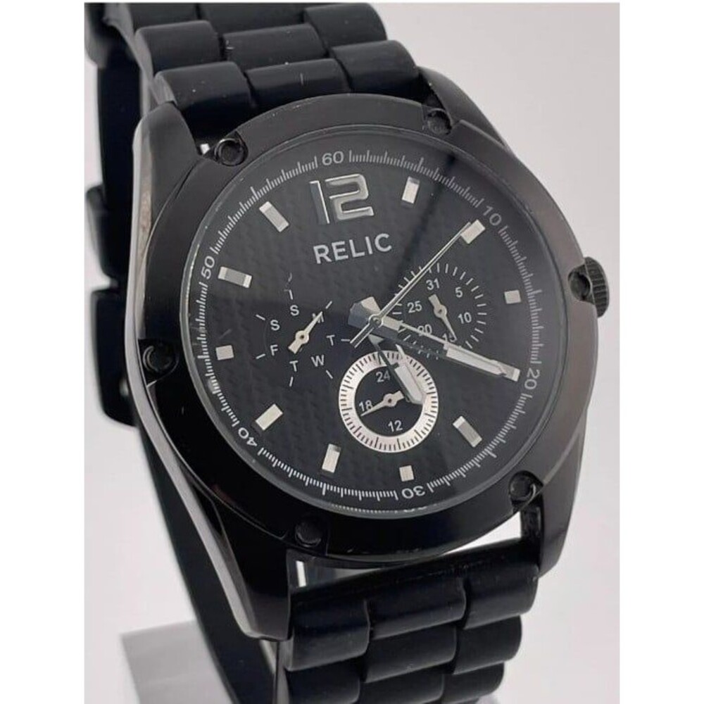RELIC MEN'S WATCH ZR15610 DAY DATE 24H 43mm CASE Black RESIN BAND QUARTZ ANALOG
